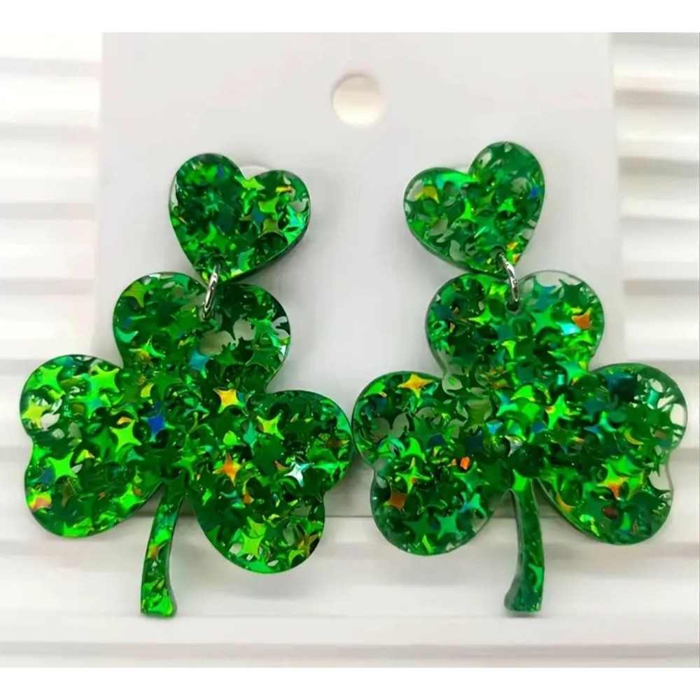 Green‎ Shamrock Clover Heart Drop Earrings St Patricks Day Star Glitter Acrylic